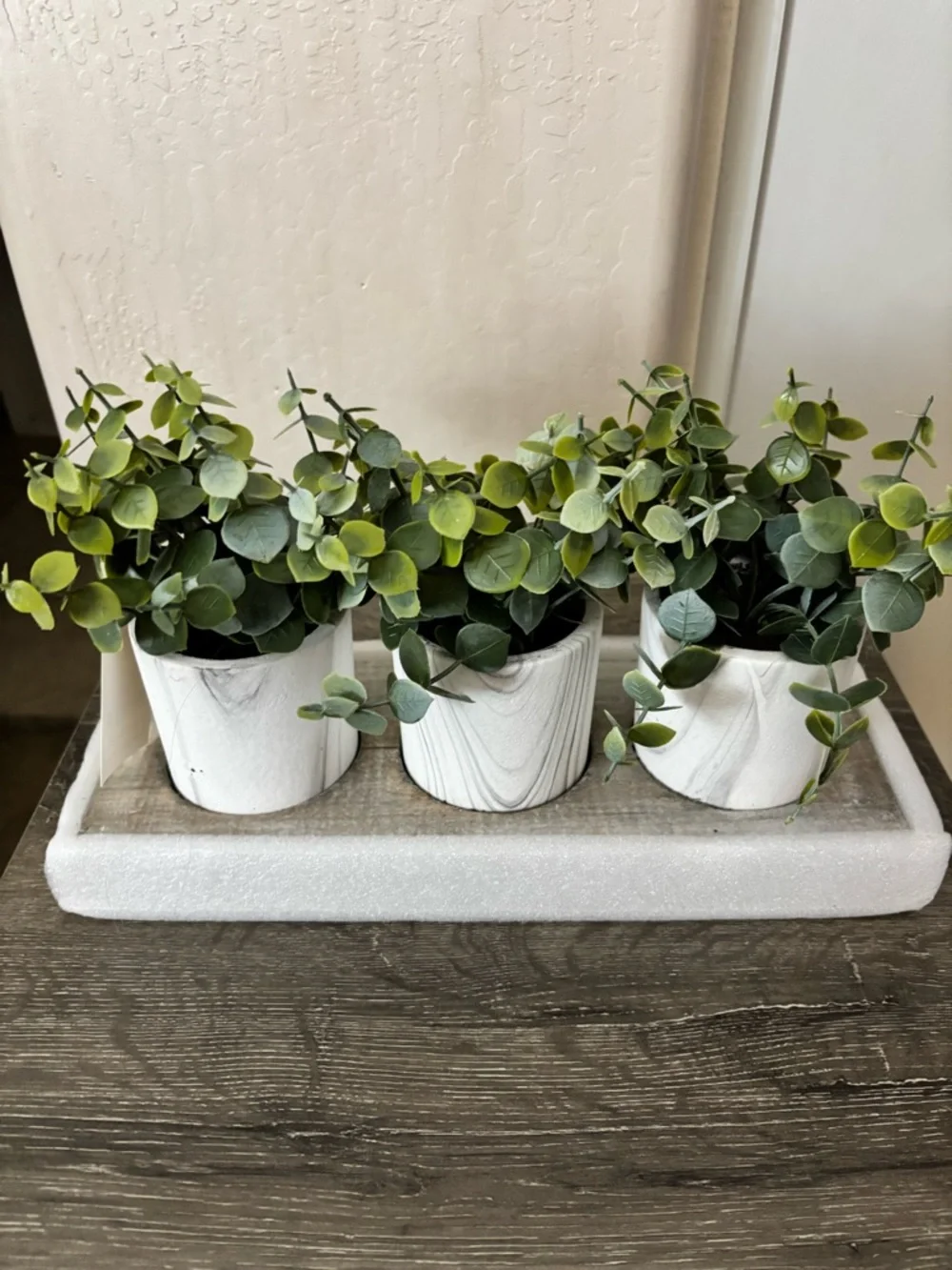 NWT Triple Faux Eucalyptus Planter Set in White Pots